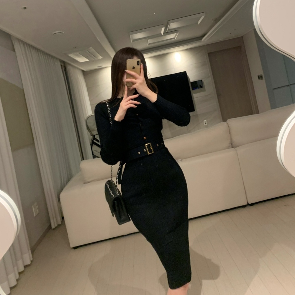 Korean style long sleeve slim spring elegant with belt dress