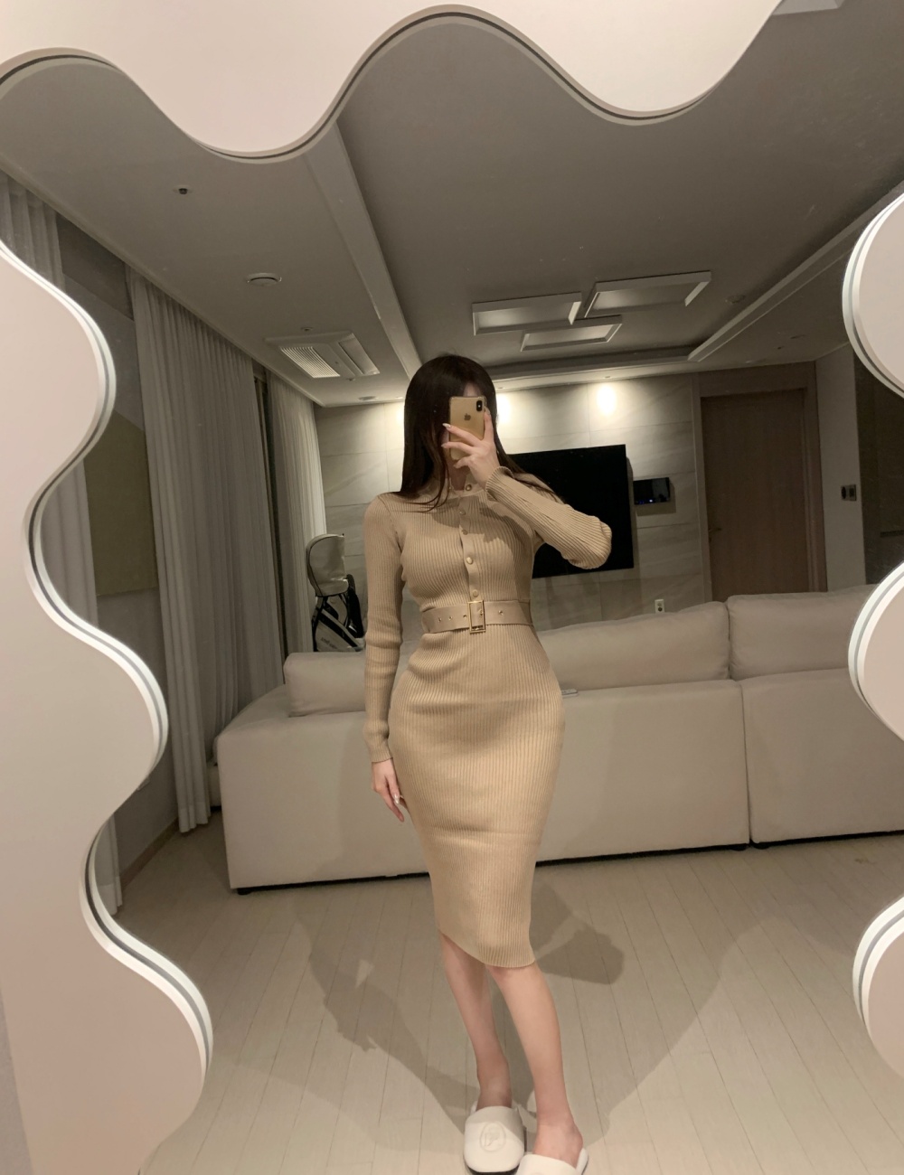 Korean style long sleeve slim spring elegant with belt dress