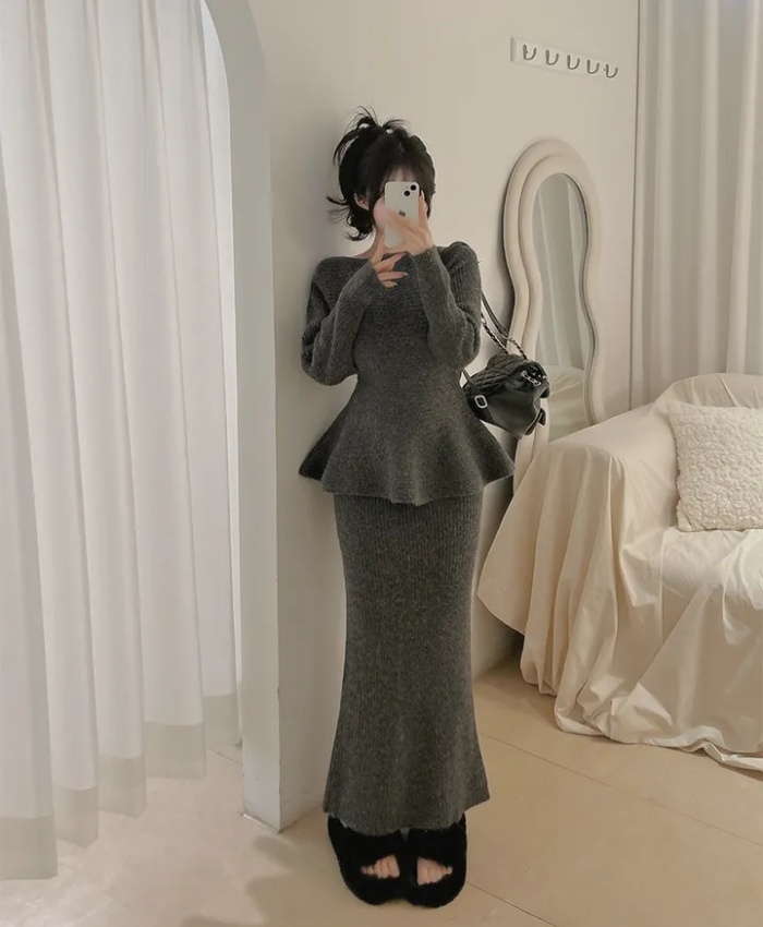 Skirt hem sweater pit stripe skirt 2pcs set for women