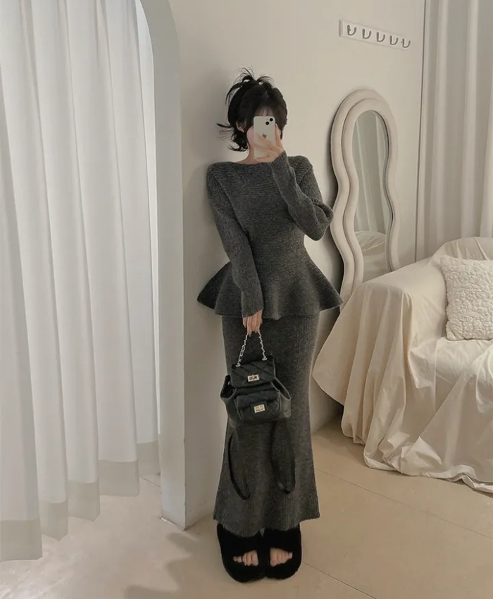 Skirt hem sweater pit stripe skirt 2pcs set for women