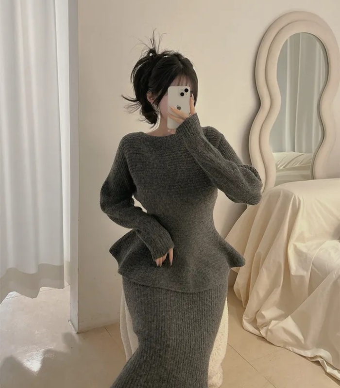 Skirt hem sweater pit stripe skirt 2pcs set for women