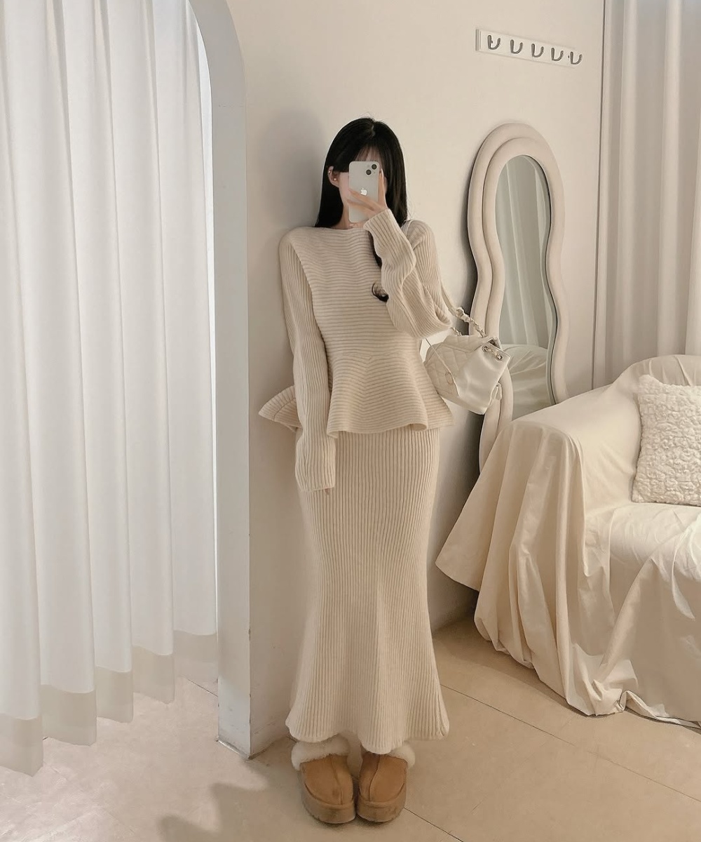 Skirt hem sweater pit stripe skirt 2pcs set for women