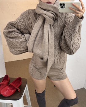 High waist thermal shorts twist pattern lazy scarves 3pcs set