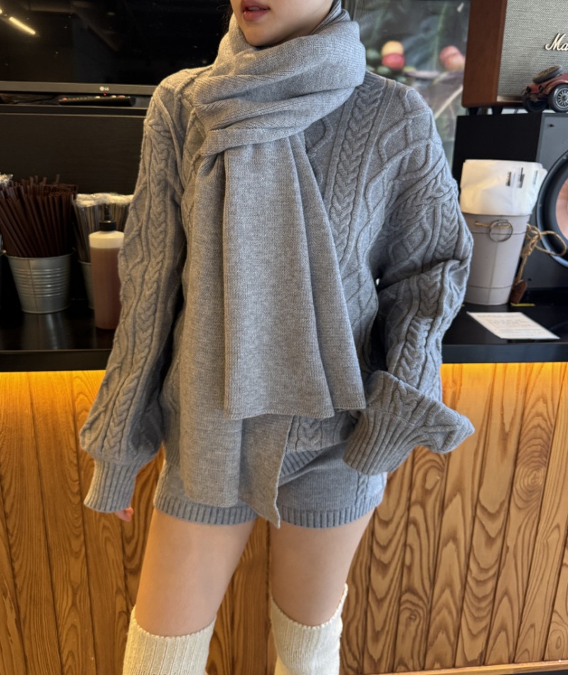 High waist thermal shorts twist pattern lazy scarves 3pcs set