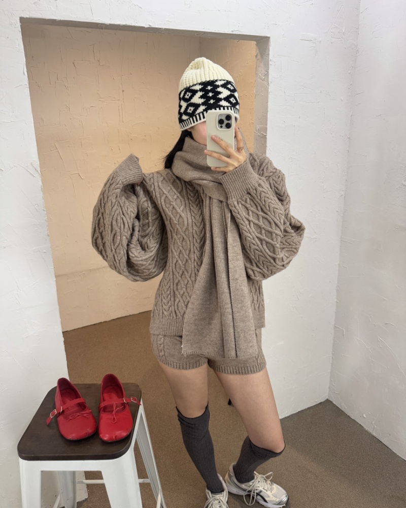 High waist thermal shorts twist pattern lazy scarves 3pcs set