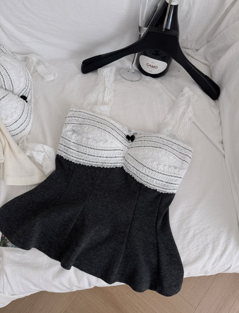 Lace France style bottoming tops bow sweet vest for women