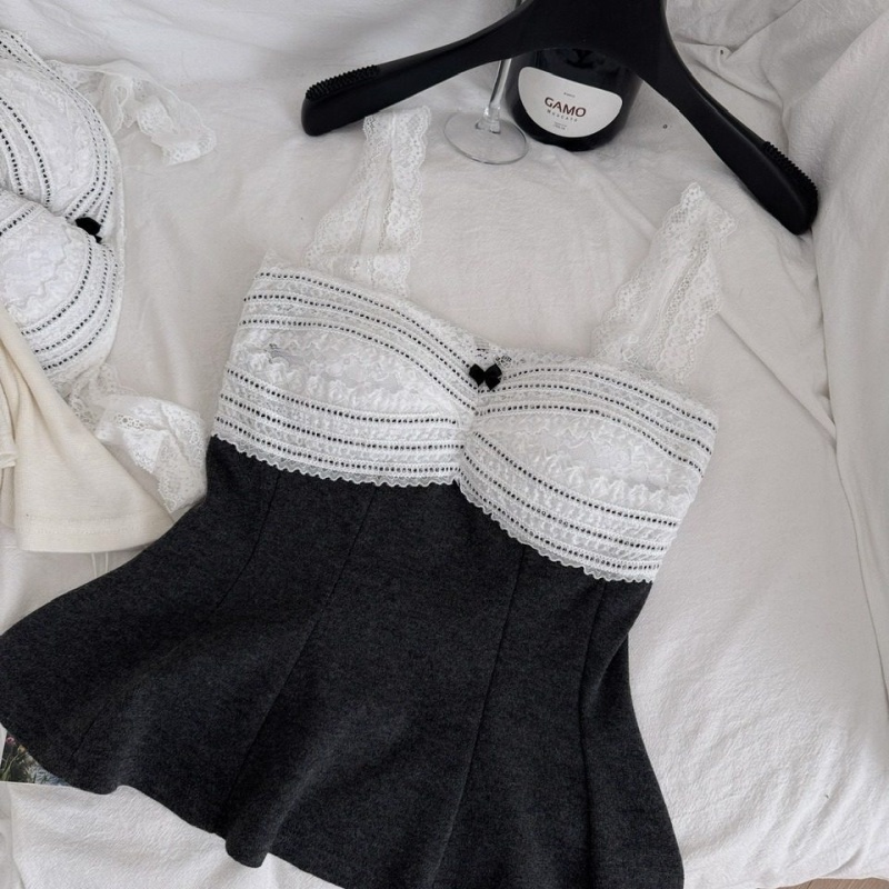 Lace France style bottoming tops bow sweet vest for women