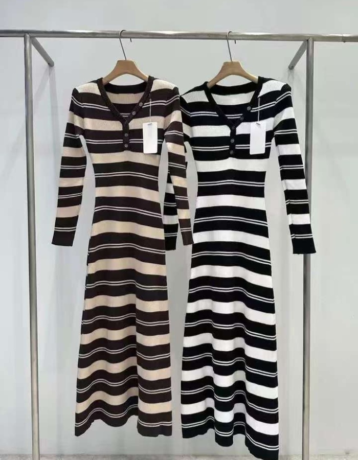 Long sleeve stripe Korean style spring retro V-neck dress
