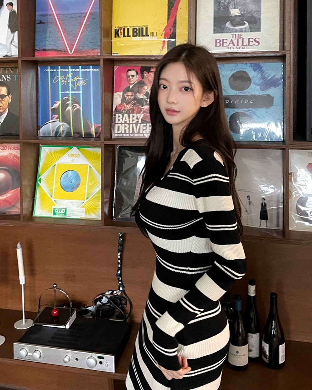 Long sleeve stripe Korean style spring retro V-neck dress