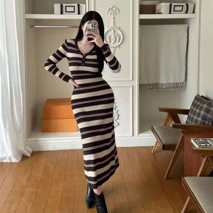 Long sleeve stripe Korean style spring retro V-neck dress