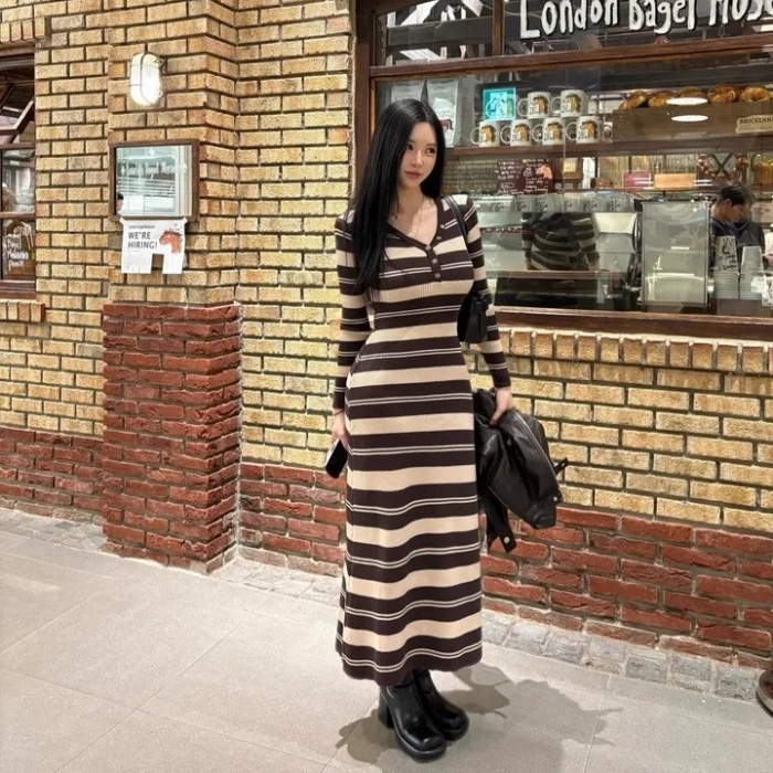 Long sleeve stripe Korean style spring retro V-neck dress