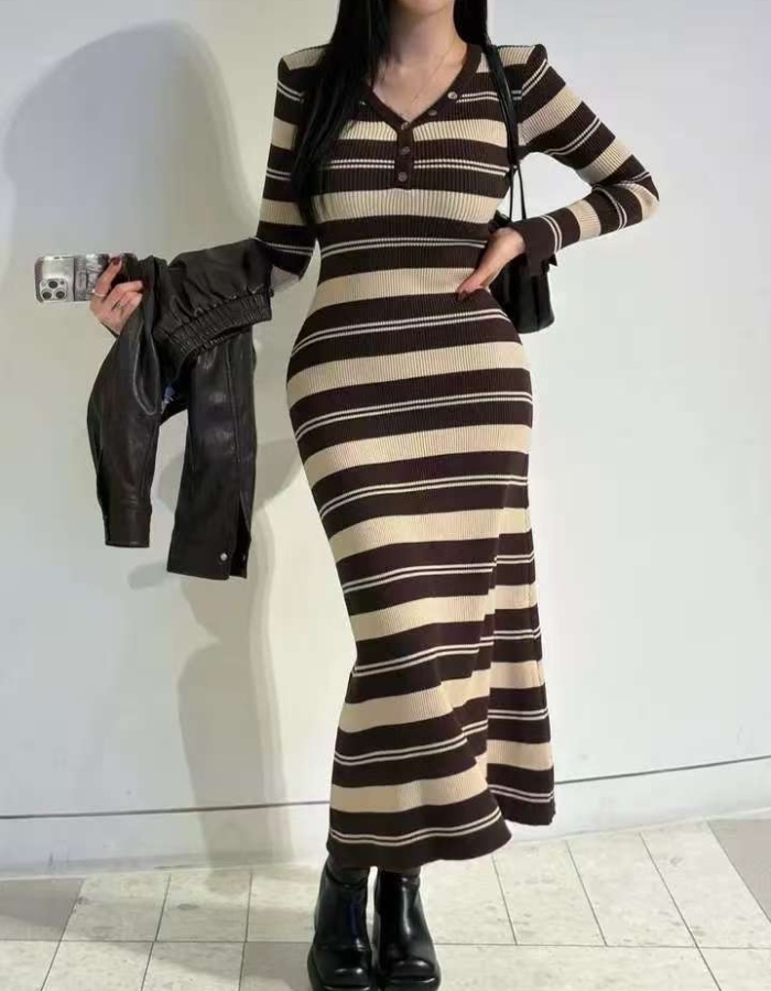 Long sleeve stripe Korean style spring retro V-neck dress