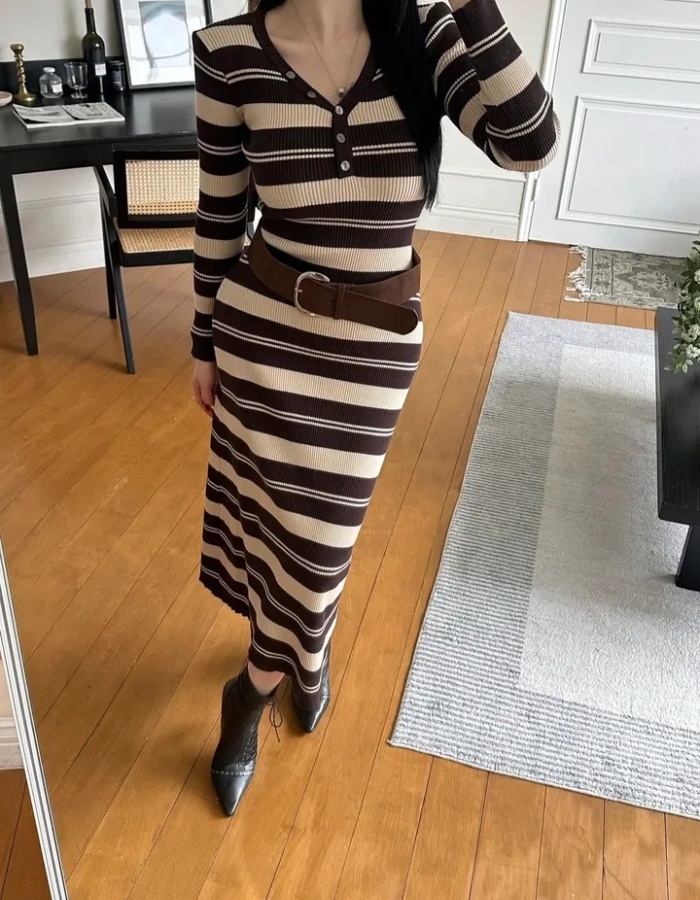 Long sleeve stripe Korean style spring retro V-neck dress