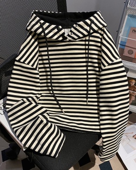 Stripe plus velvet hoodie loose tops for women