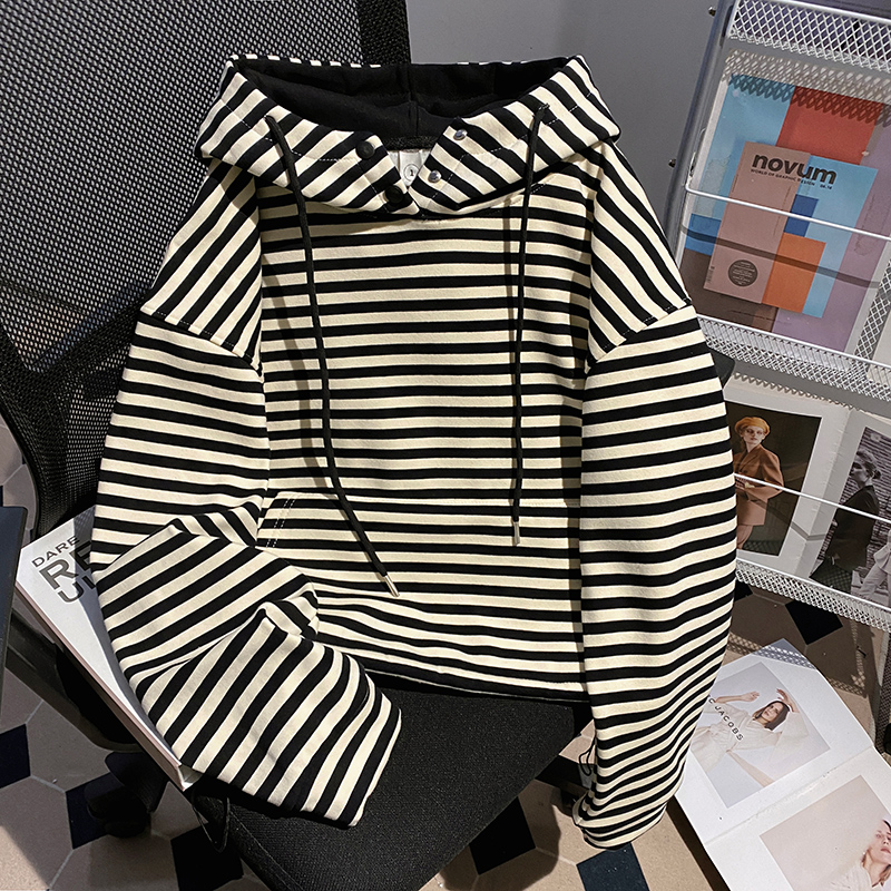 Stripe plus velvet hoodie loose tops for women