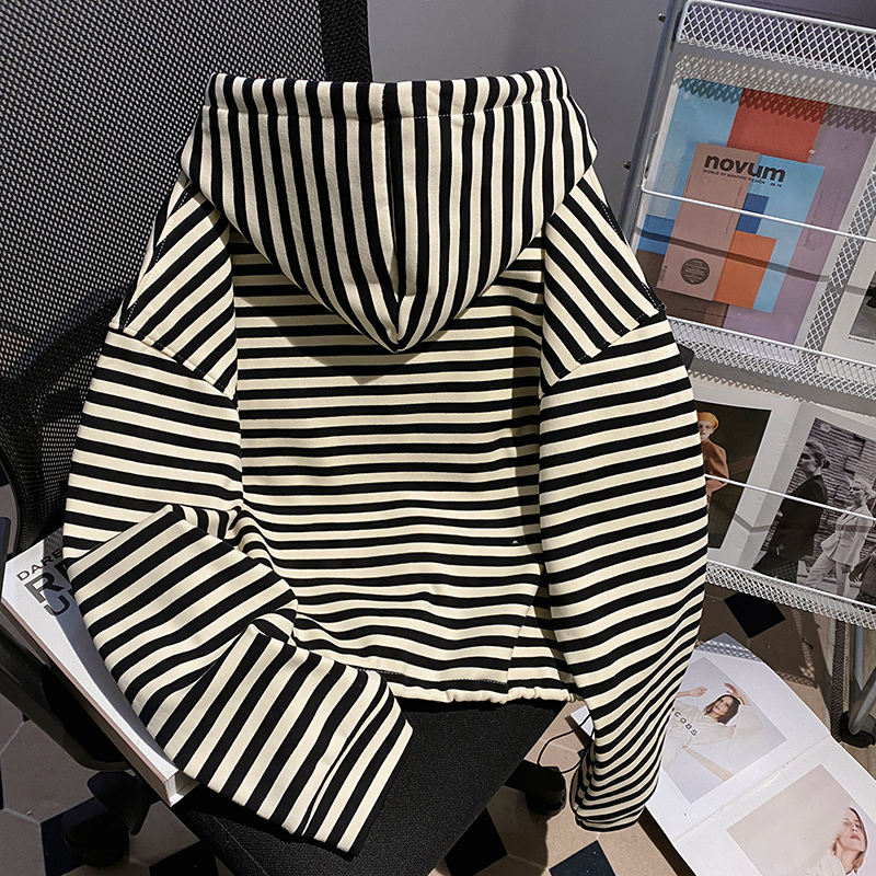 Stripe plus velvet hoodie loose tops for women