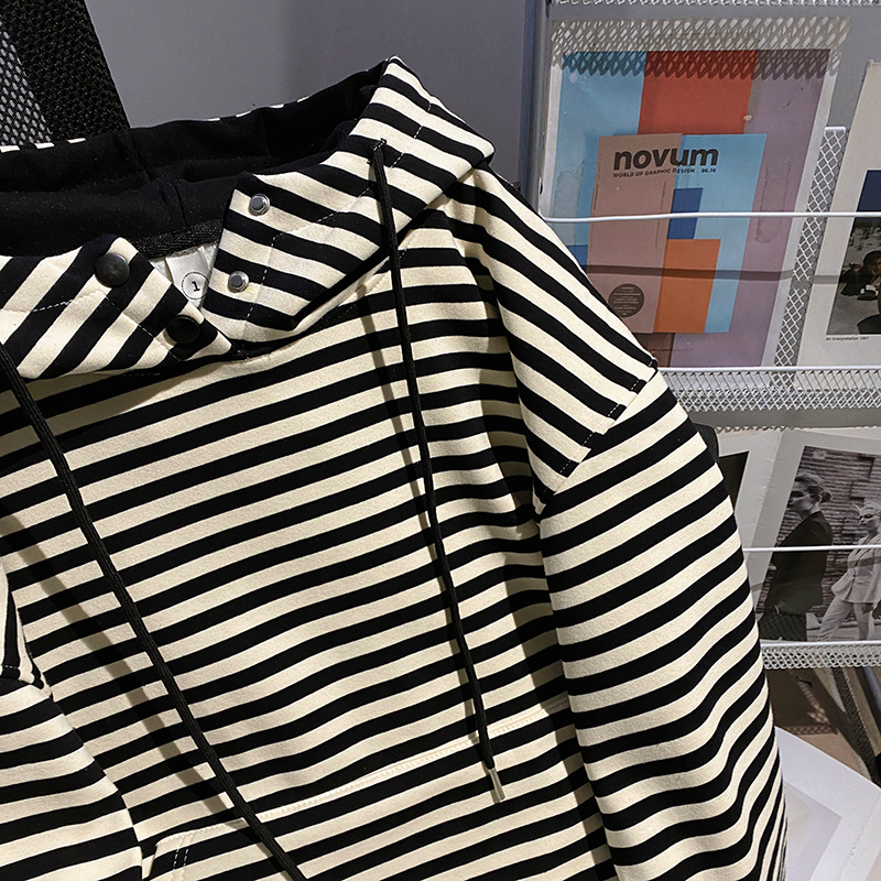 Stripe plus velvet hoodie loose tops for women