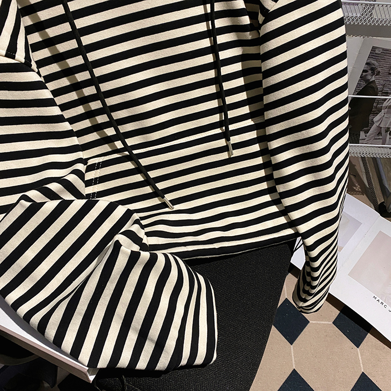 Stripe plus velvet hoodie loose tops for women