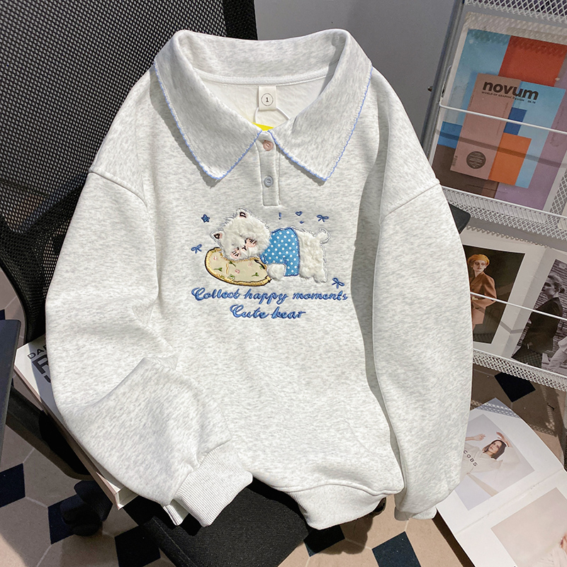 Loose pure cotton cartoon hoodie thermal embroidery tops
