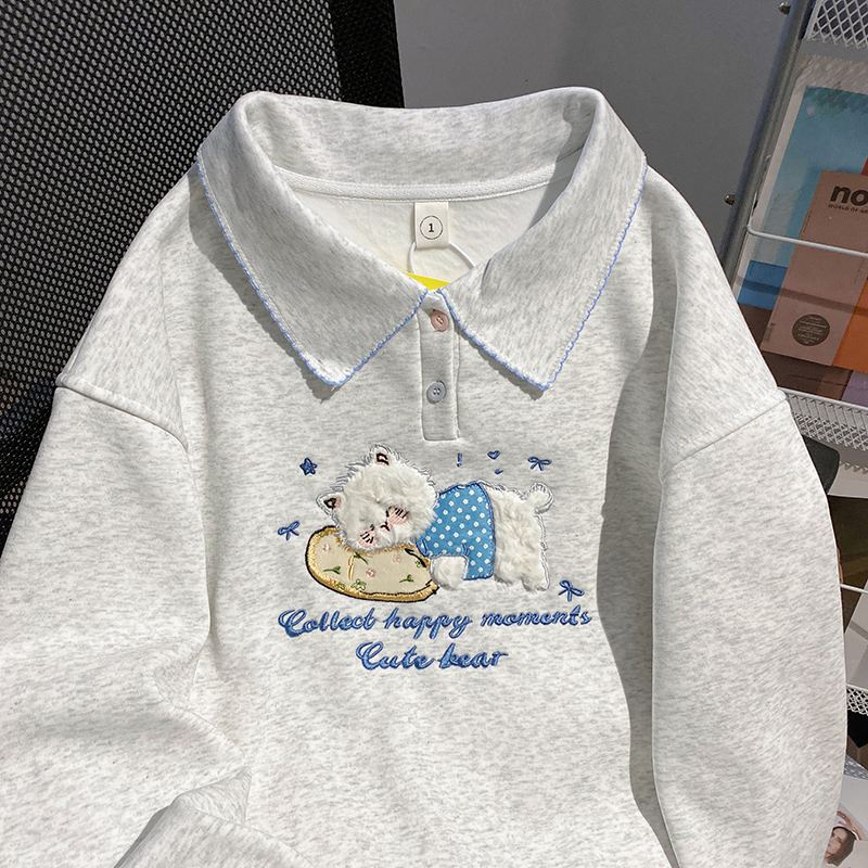 Loose pure cotton cartoon hoodie thermal embroidery tops