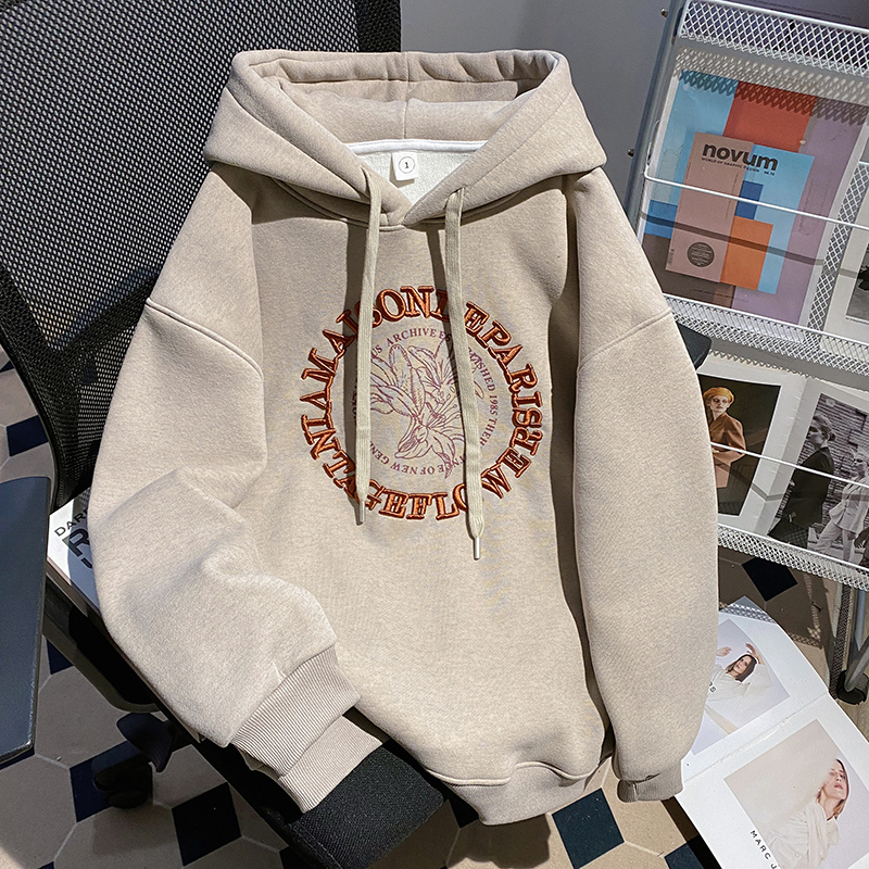 Embroidered flowers tops thermal hoodie for women