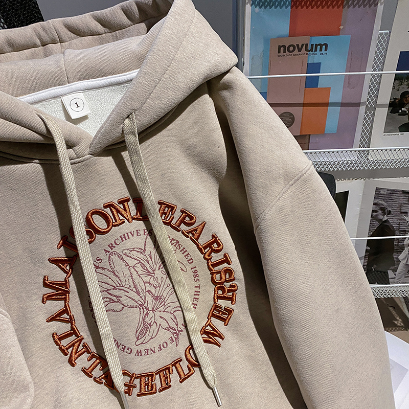 Embroidered flowers tops thermal hoodie for women