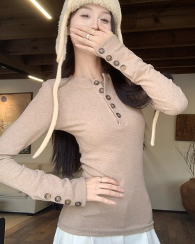 Lapel long sleeve T-shirt cashmere buckle tops for women