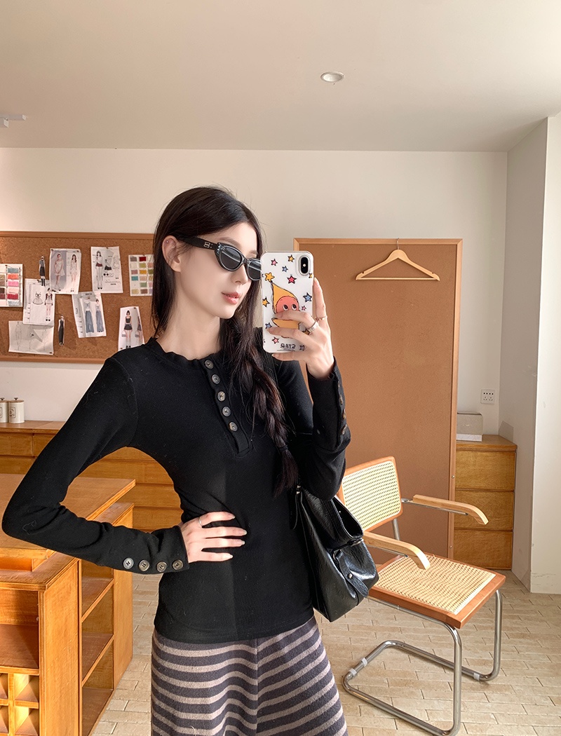 Lapel long sleeve T-shirt cashmere buckle tops for women