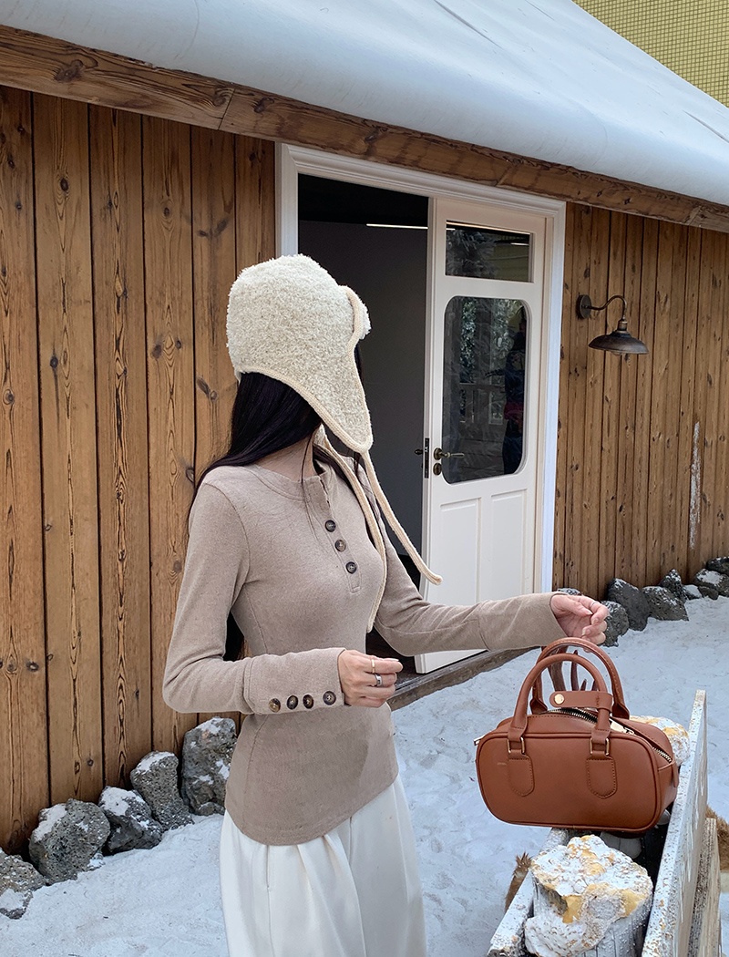 Lapel long sleeve T-shirt cashmere buckle tops for women