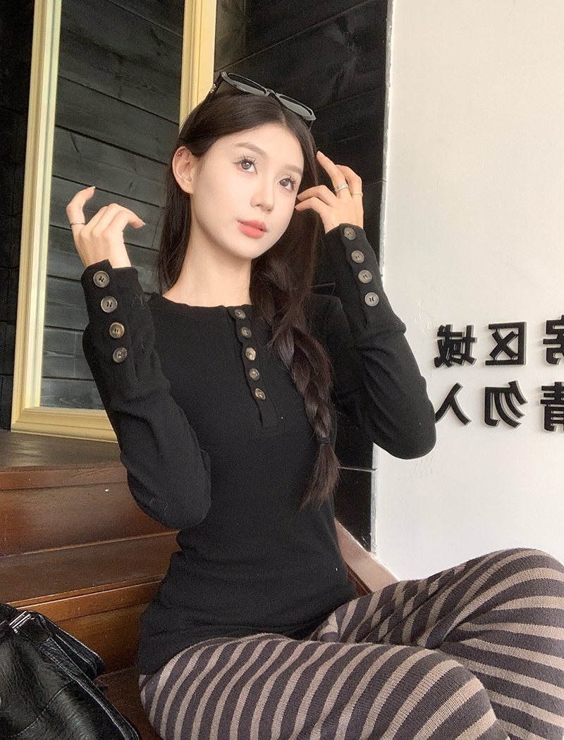 Lapel long sleeve T-shirt cashmere buckle tops for women