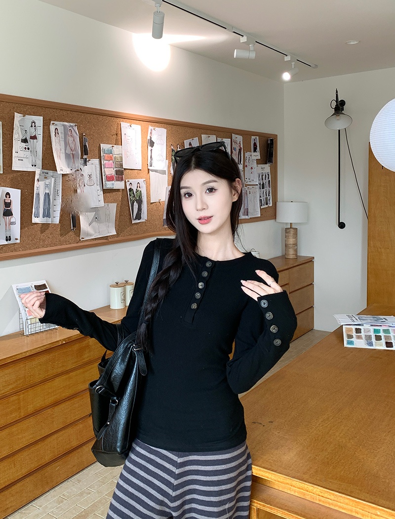 Lapel long sleeve T-shirt cashmere buckle tops for women