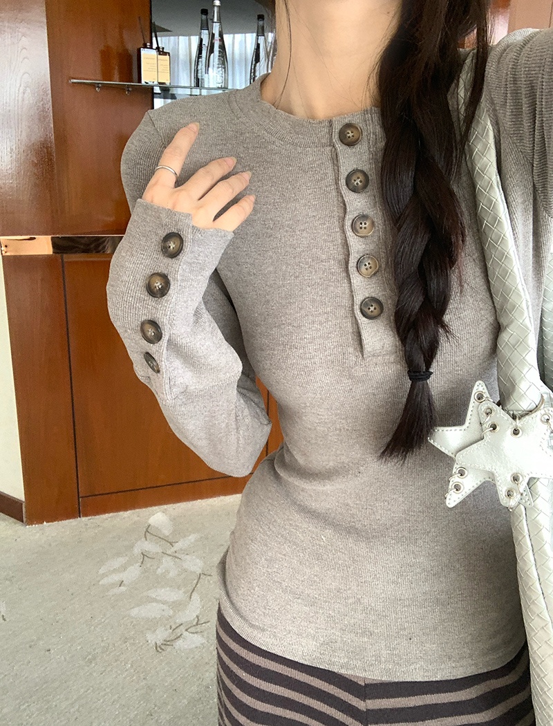 Lapel long sleeve T-shirt cashmere buckle tops for women