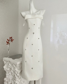 White bow wrapped chest pinched waist dress for women