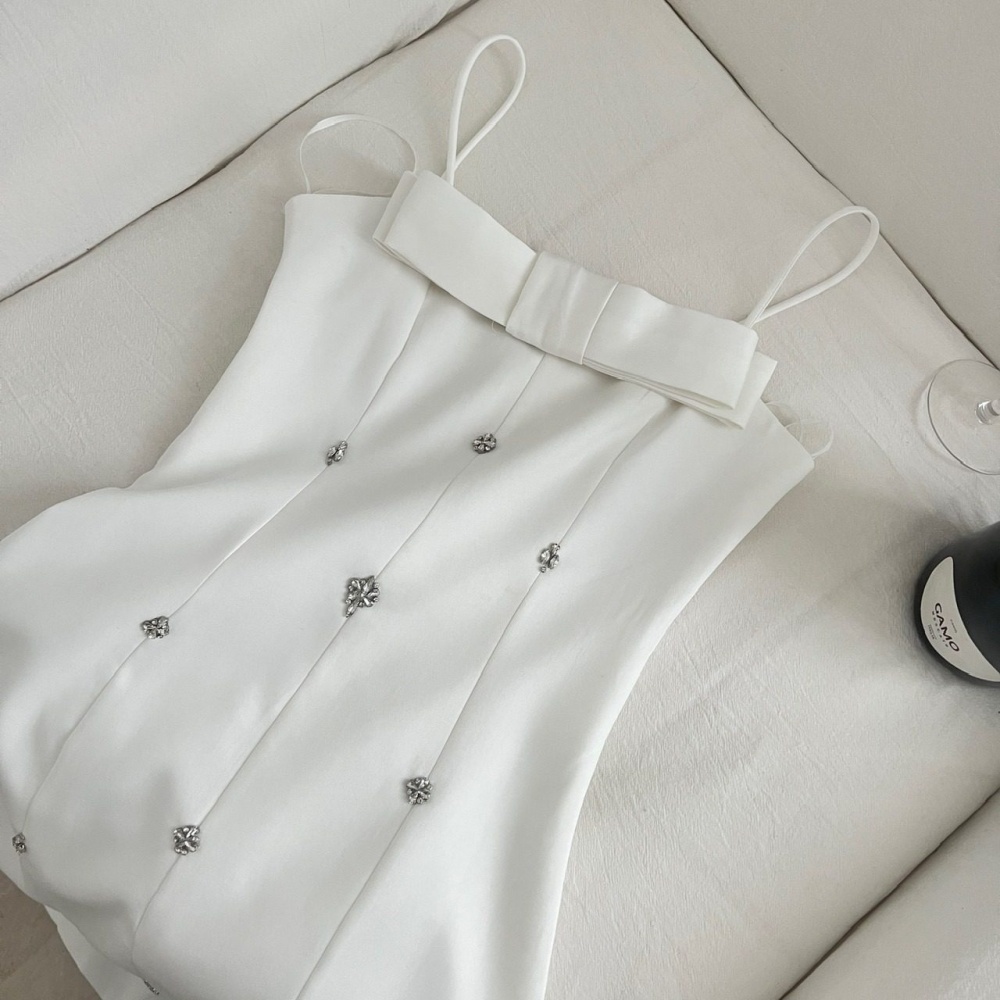 White bow wrapped chest pinched waist dress for women