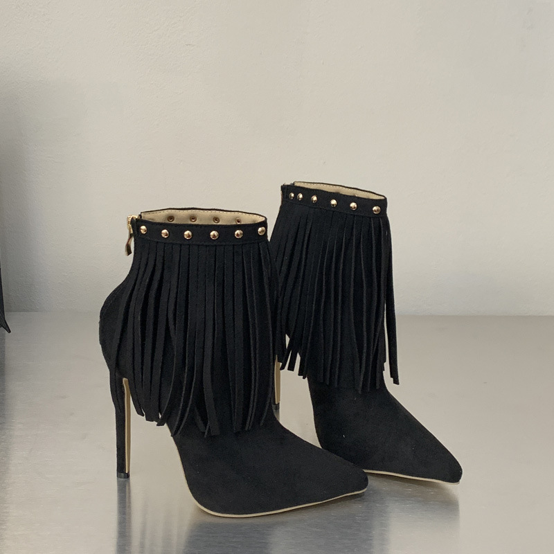 Black short boots tassels high-heeled shoes
