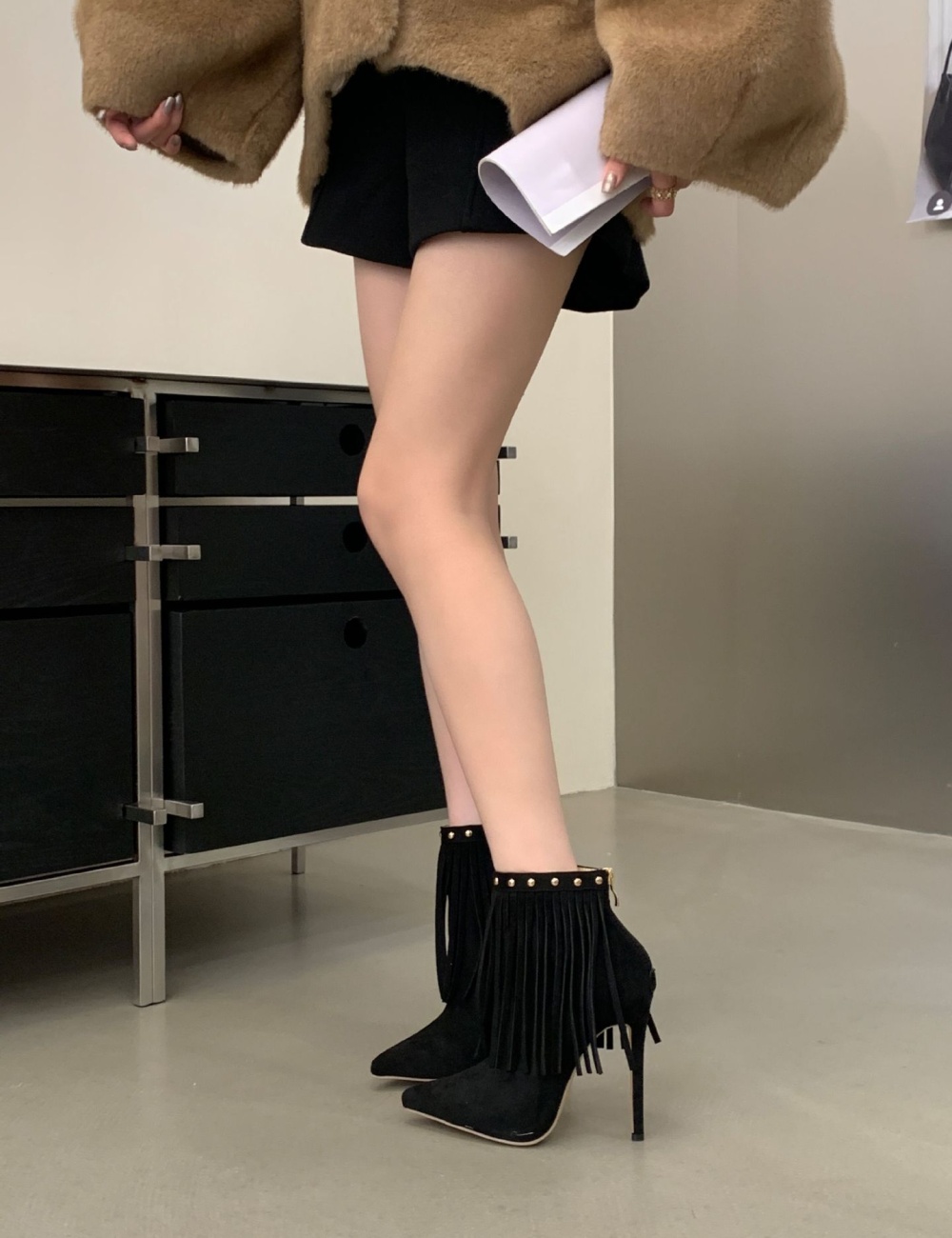 Black short boots tassels high-heeled shoes