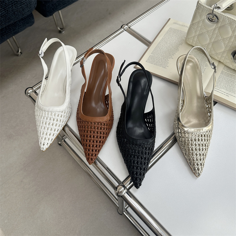 Niche high-heeled chanelstyle shoes hollow weave sandals