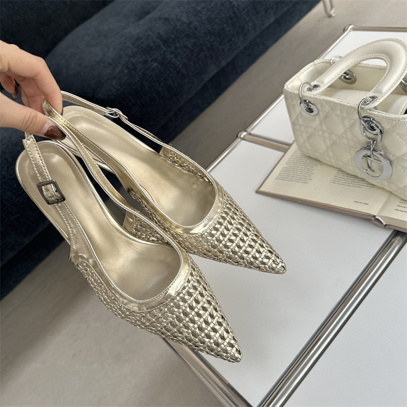 Niche high-heeled chanelstyle shoes hollow weave sandals