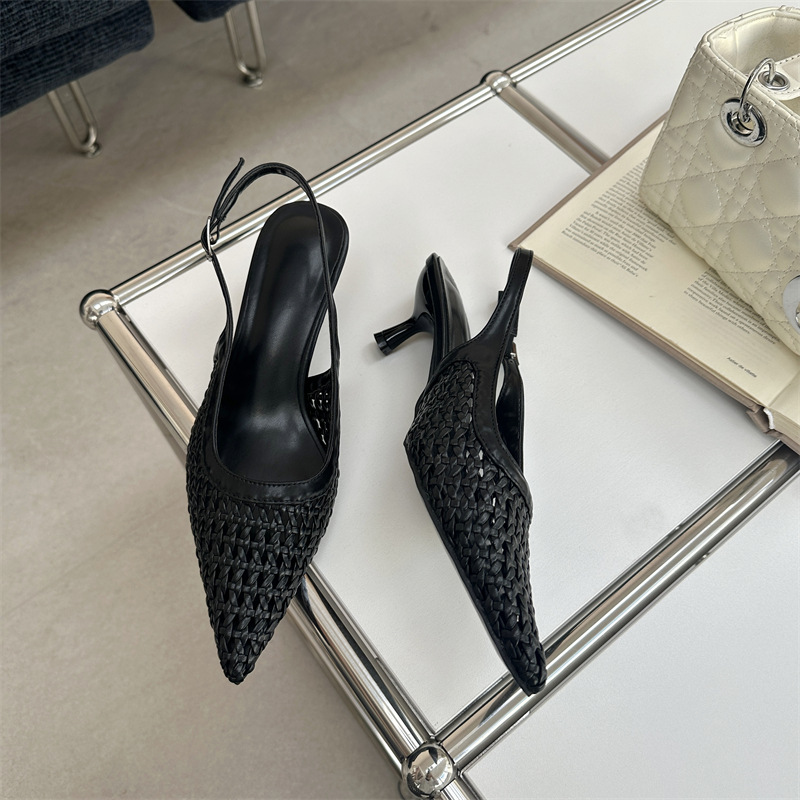 Niche high-heeled chanelstyle shoes hollow weave sandals