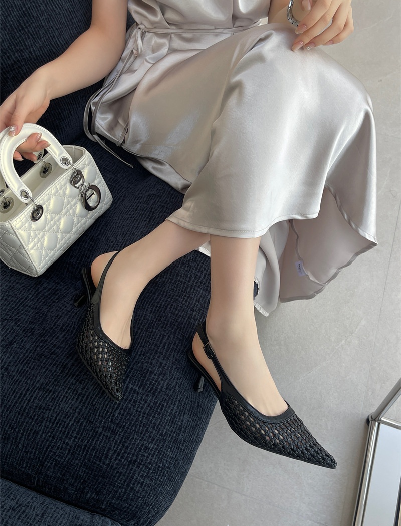 Niche high-heeled chanelstyle shoes hollow weave sandals