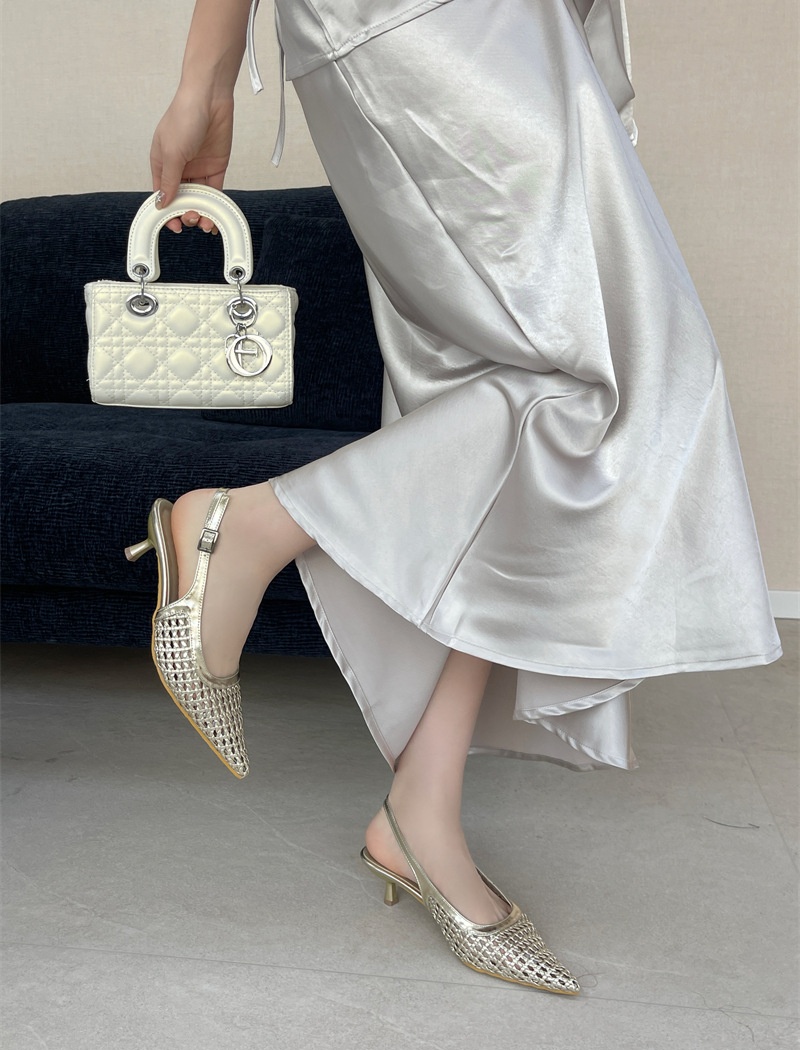 Niche high-heeled chanelstyle shoes hollow weave sandals