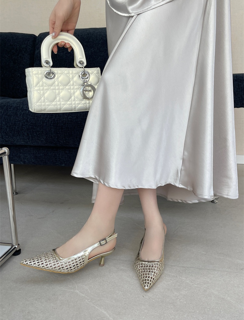 Niche high-heeled chanelstyle shoes hollow weave sandals