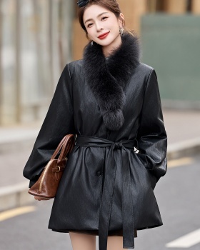 Long fox fur collar down coat fashion leather coat