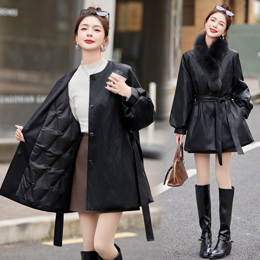 Long fox fur collar down coat fashion leather coat