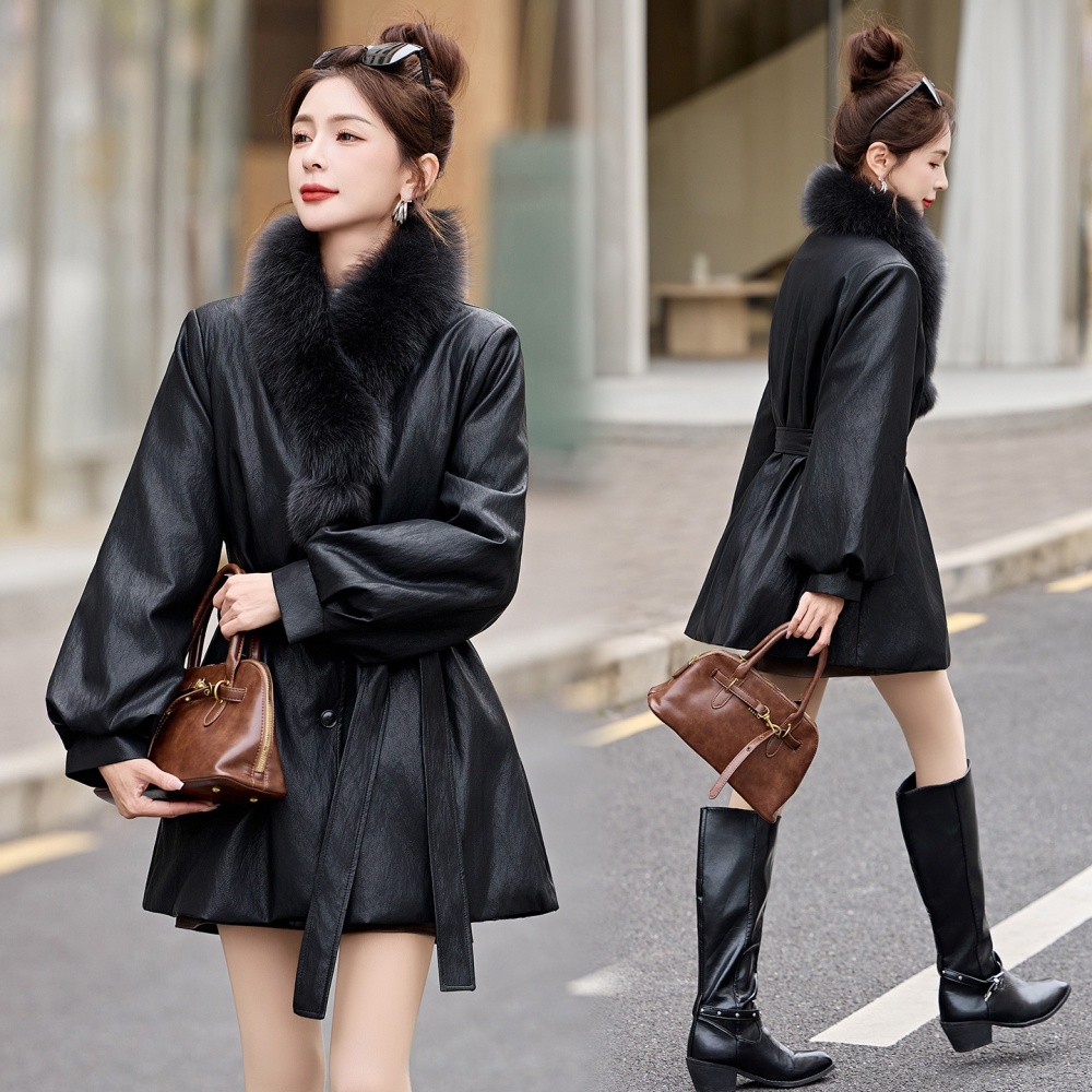 Long fox fur collar down coat fashion leather coat