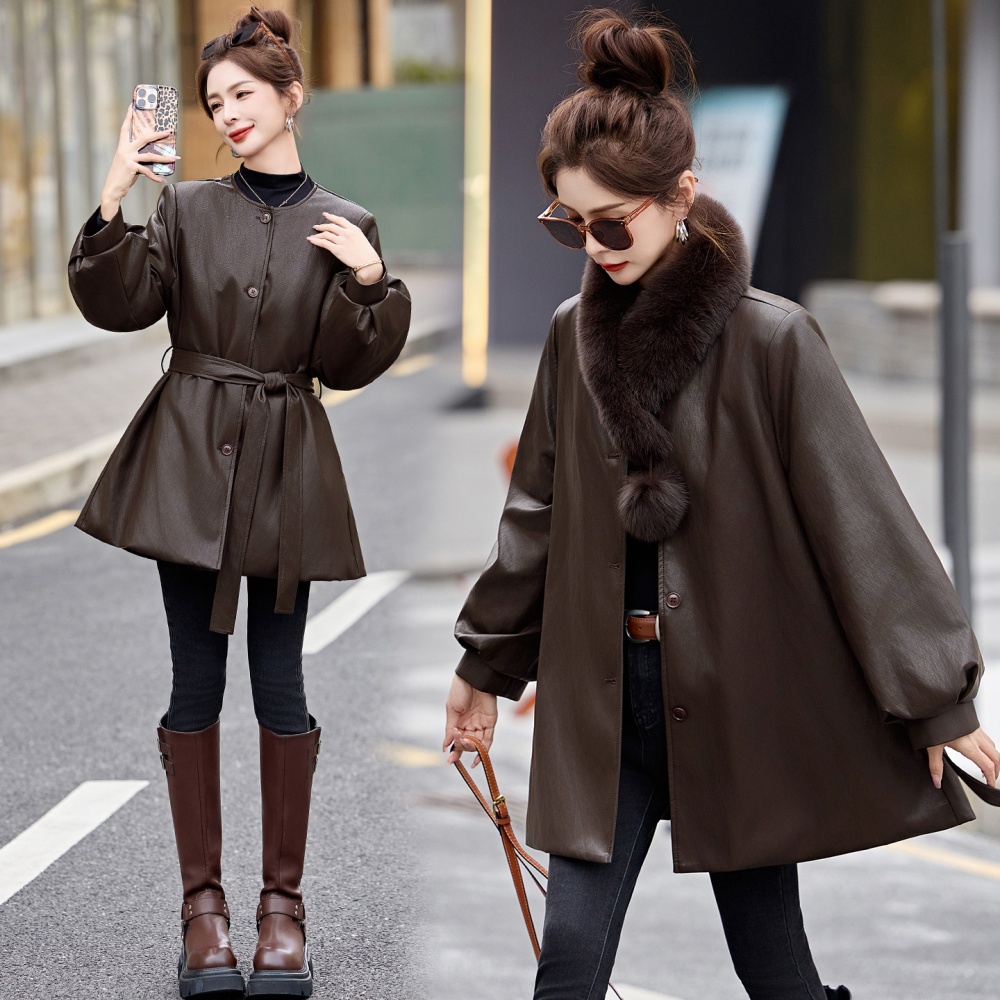 Long fox fur collar down coat fashion leather coat