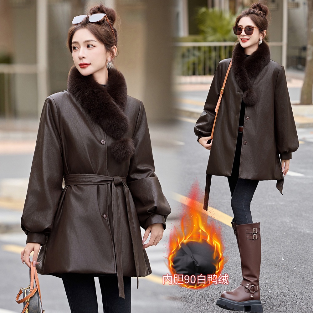 Long fox fur collar down coat fashion leather coat