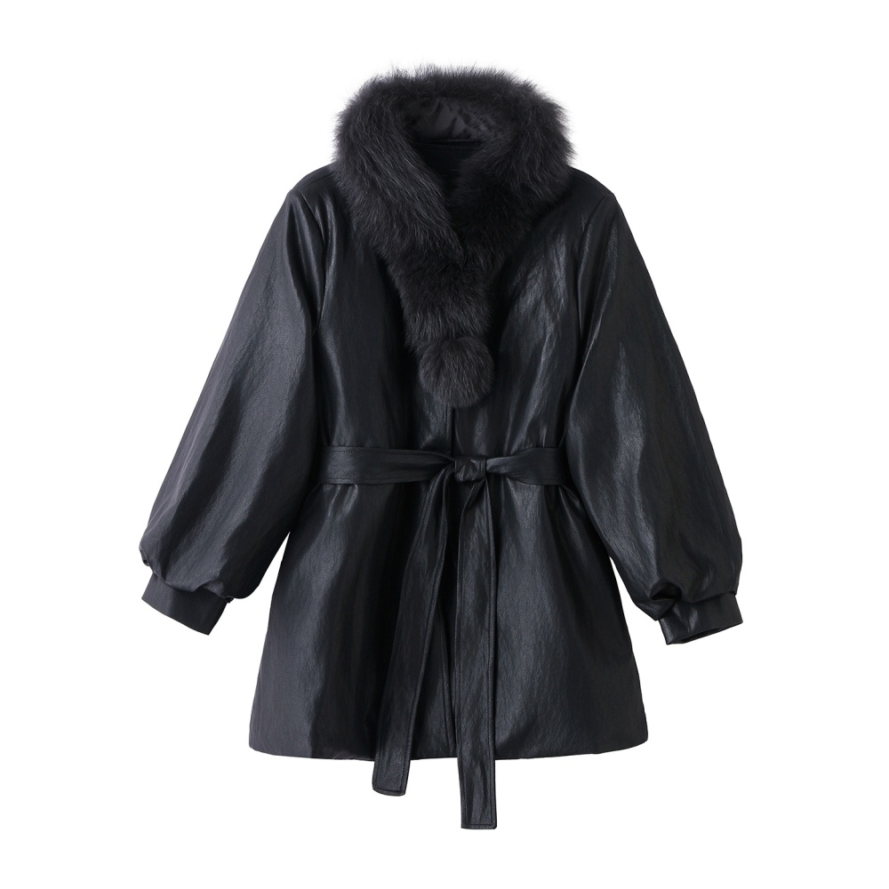 Long fox fur collar down coat fashion leather coat