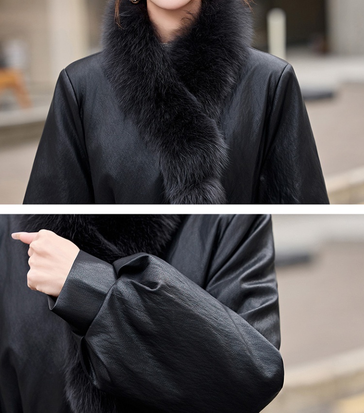 Long fox fur collar down coat fashion leather coat