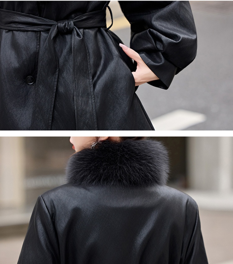 Long fox fur collar down coat fashion leather coat
